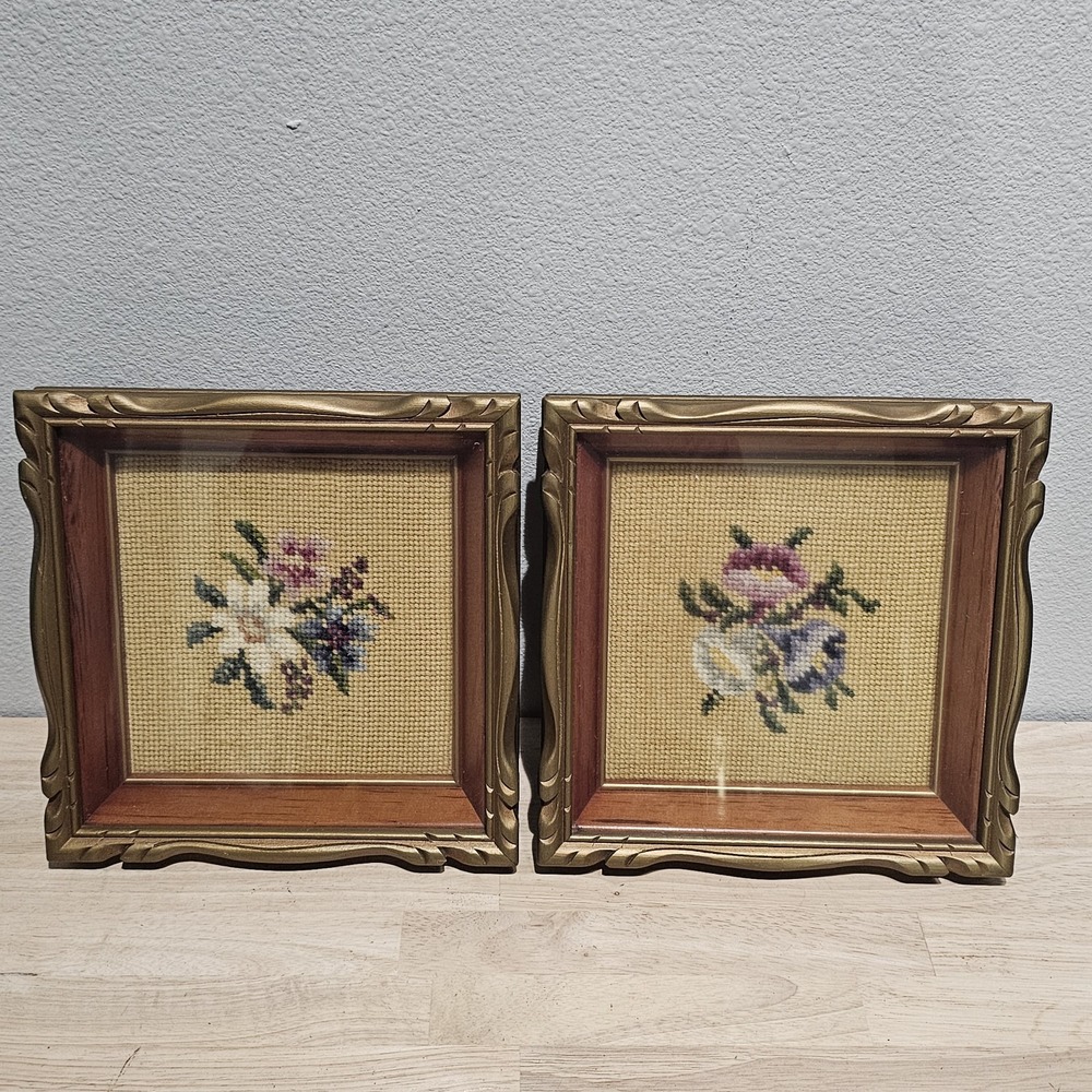 Pair Of Vintage Floral Needlepoint Framed Art- Ornate Gold Frames Cottagecore